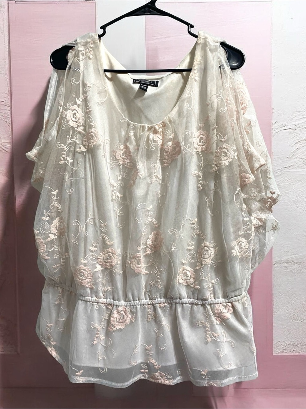 dressbarn Cream Blush Tan Floral Embroidered Cold-Shoulder Blouse